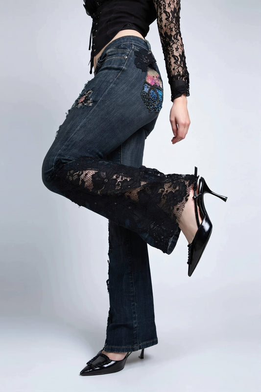 Lace Cutout Splice Flare Jeans