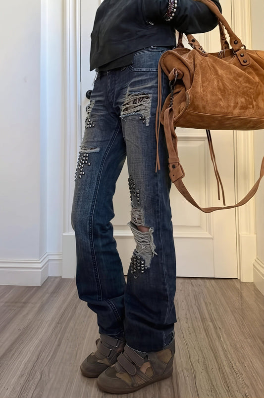Studded Distressed Mid Rise Flare Jeans