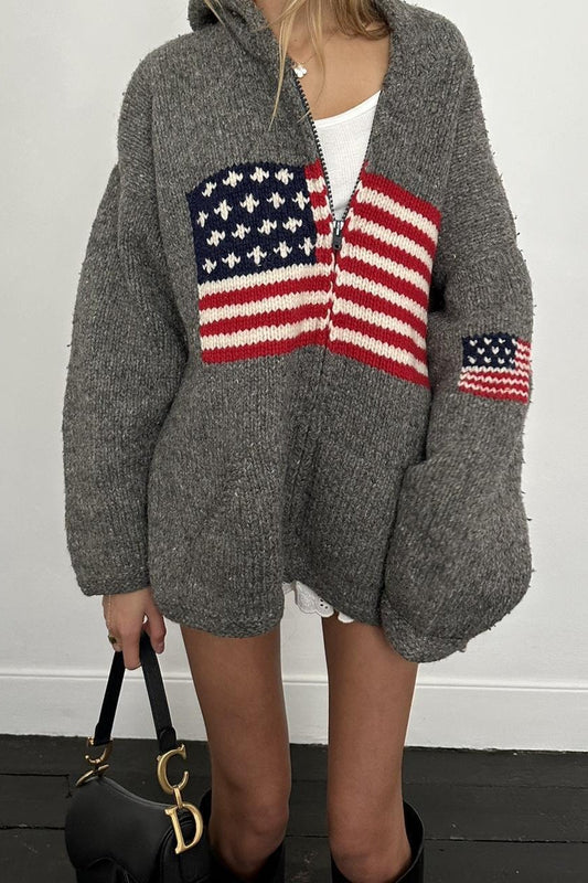 Chic Flag Graphic Knit Zippered Hoodie