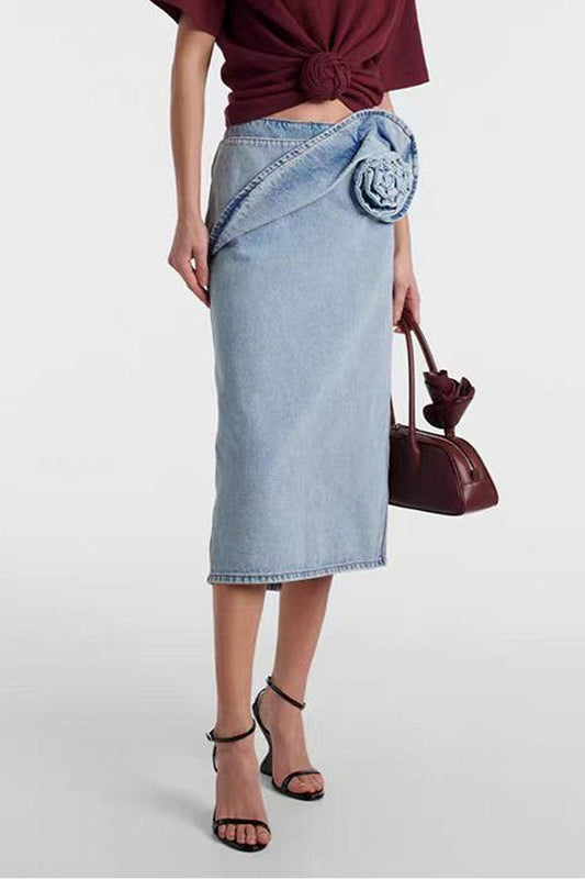 Vintage Ruched Rose Denim Skirt