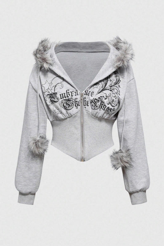Faux Fur Trim Corset Zip Hoodie