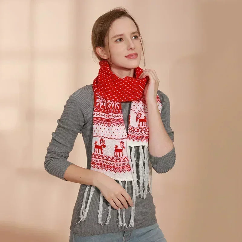Red Cartoon Reindeer Snowflake Warm Scarf For Christmas Scarfs-L
