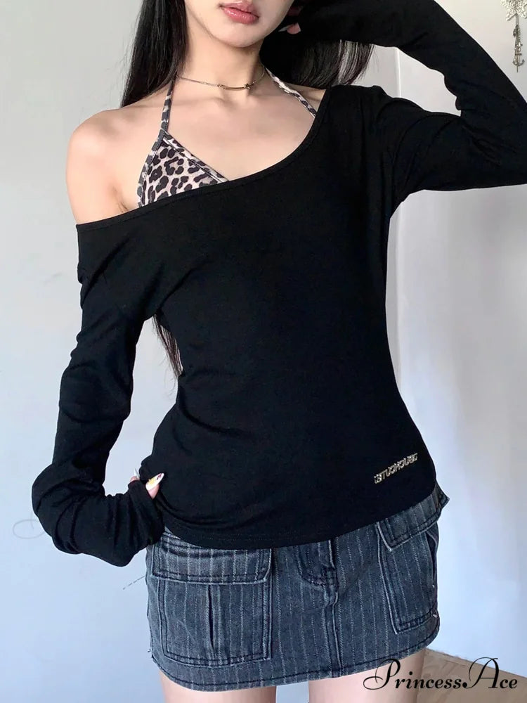 2 Piece Cheetah Skew Collar Long Sleeve Tee and Halter Bra Set Black / S knittop-250126