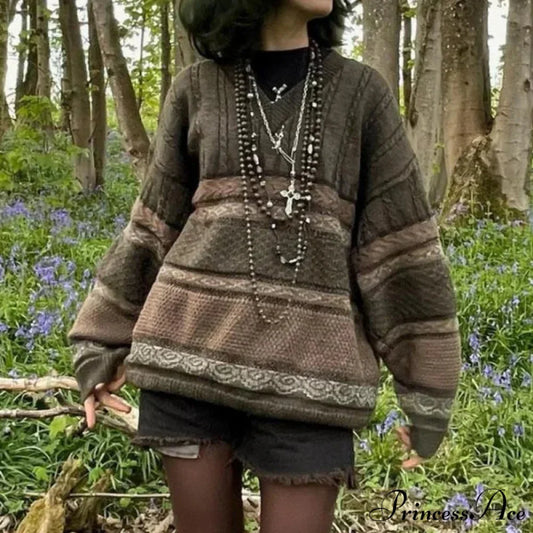 2000s Retro Striped Y2K Preppy Fashion Jumper Brown / S swraters-241228