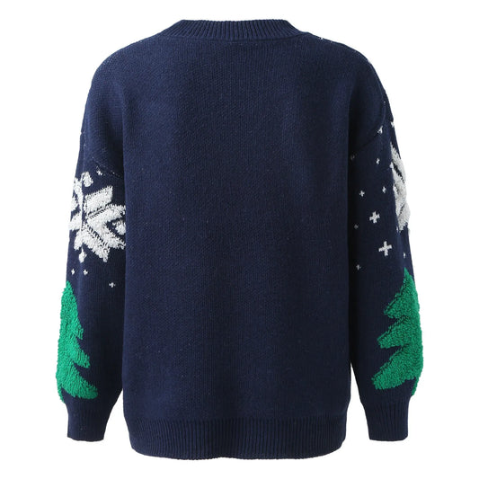 Spliced Vintage Korean Loose Round Neck Long Sleeve Christmas Sweater Sweaters-L
