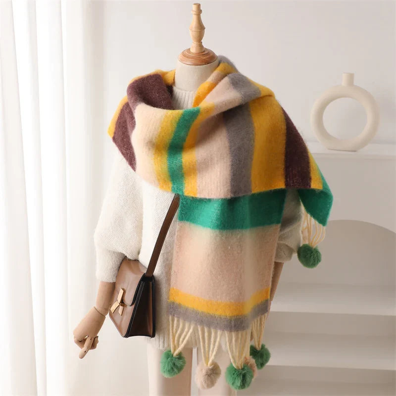 2024 Winter Multicolor Cashmere Loop Yarn Pashmina Scarf Green Scarfs-L