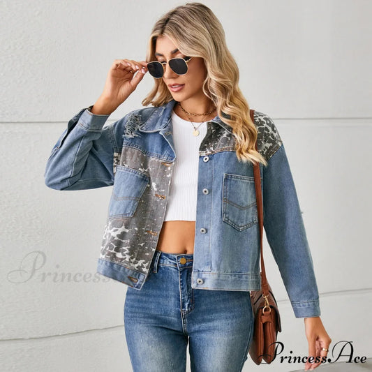 2024 Autumn Denim Stand Collar Patchwork Slim Fit High Waist Jacket BLUE / S