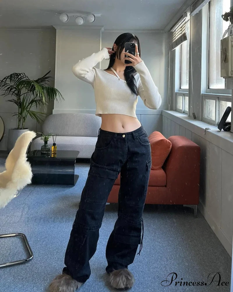2024 Autumn New Fashionable Women’s Cargo European and American Style Retro Y2K Pocket Loose Overalls Jean