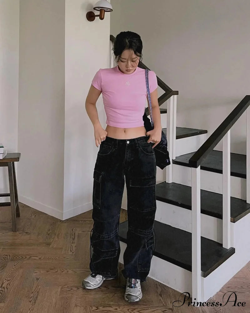 2024 Autumn New Fashionable Women’s Cargo European and American Style Retro Y2K Pocket Loose Overalls Jean Black / S