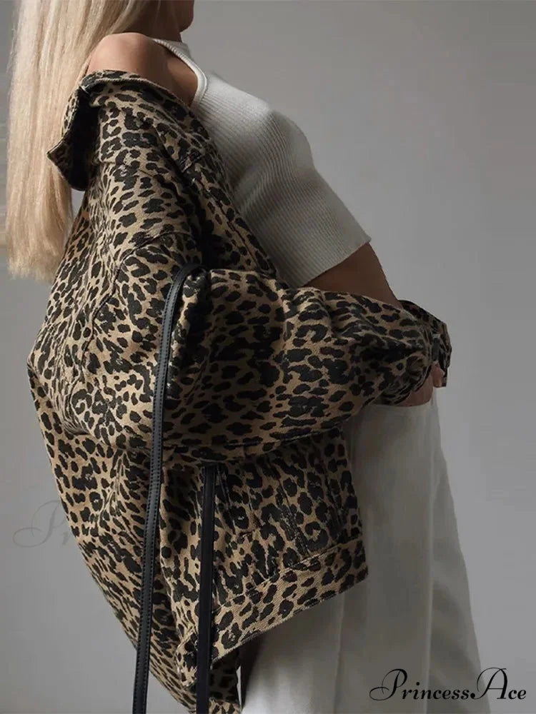 2024 Autumn Winter New Denim Long-sleeved Leopard Stitching Slim Fit Jacket