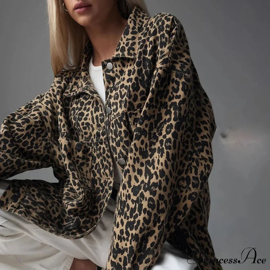 2024 Autumn Winter New Denim Long-sleeved Leopard Stitching Slim Fit Jacket Brown / S
