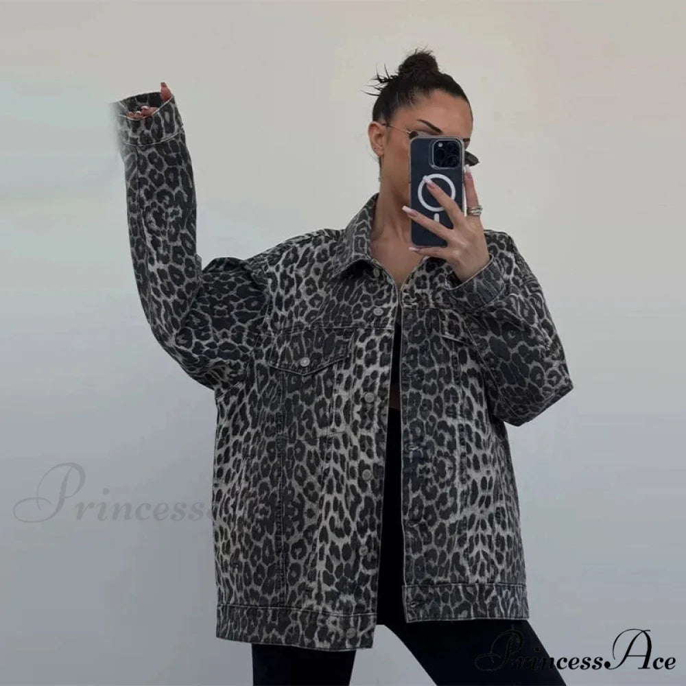 2024 Autumn Winter New Denim Long-sleeved Leopard Stitching Slim Fit Jacket Grey / S