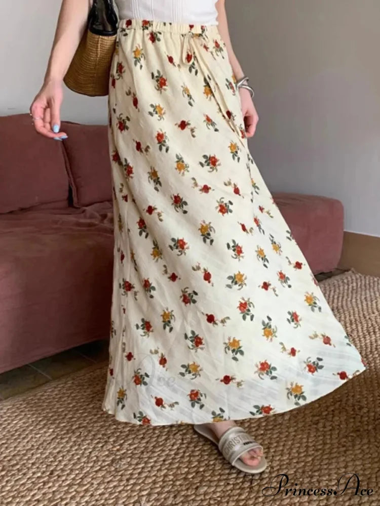2024 Bohemian Maxi Skirt Tall Waist Flower Printed Hippie Rose Stylish Beige / M skirt-250126