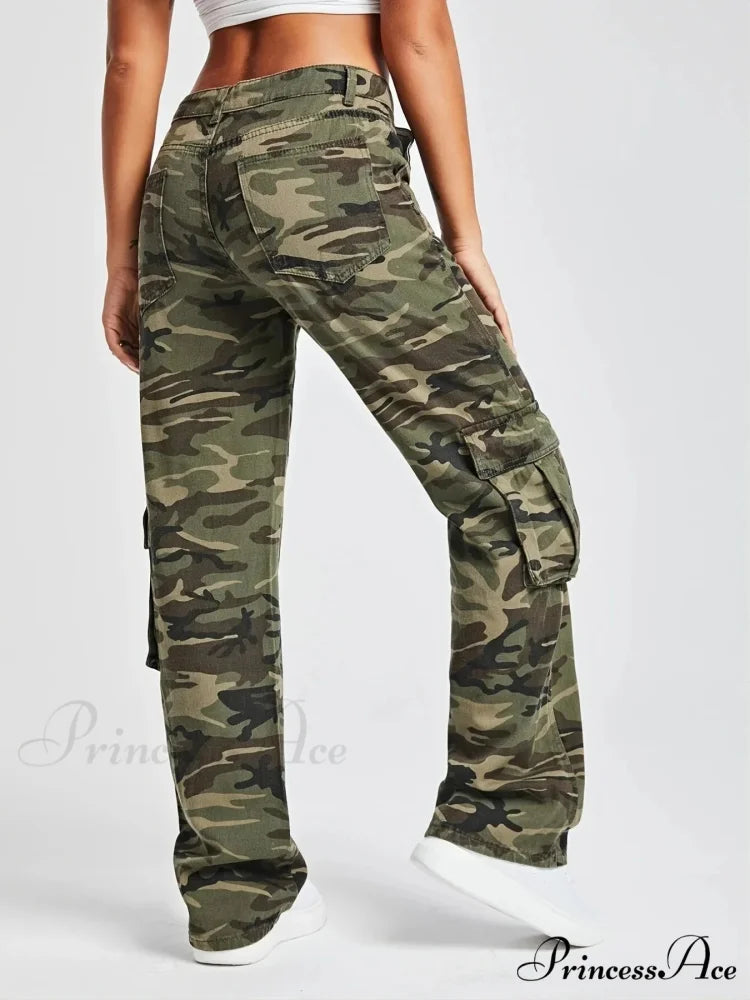 2024 Camouflage Women’s Cargo High Wist Vintage Baggy Denim Straight Casual Fashion Jean