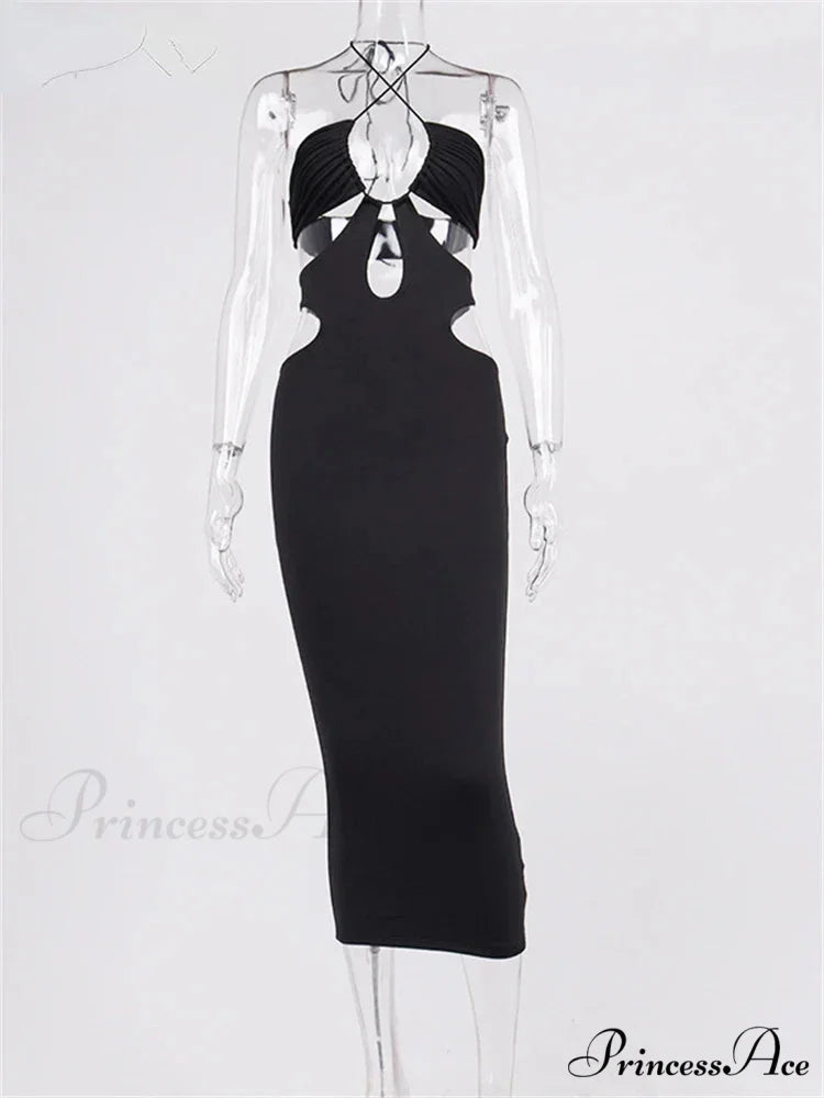 2024 Cut Out Party Evening Sexy Black Women’s 2024 Summer Hollow Out Halter Wrap Long Backless Midi Dress