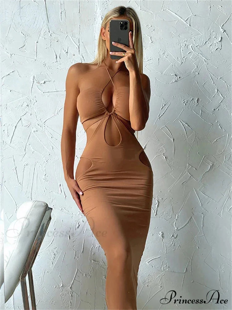 2024 Cut Out Party Evening Sexy Black Women’s 2024 Summer Hollow Out Halter Wrap Long Backless Midi Dress Khaki / XS