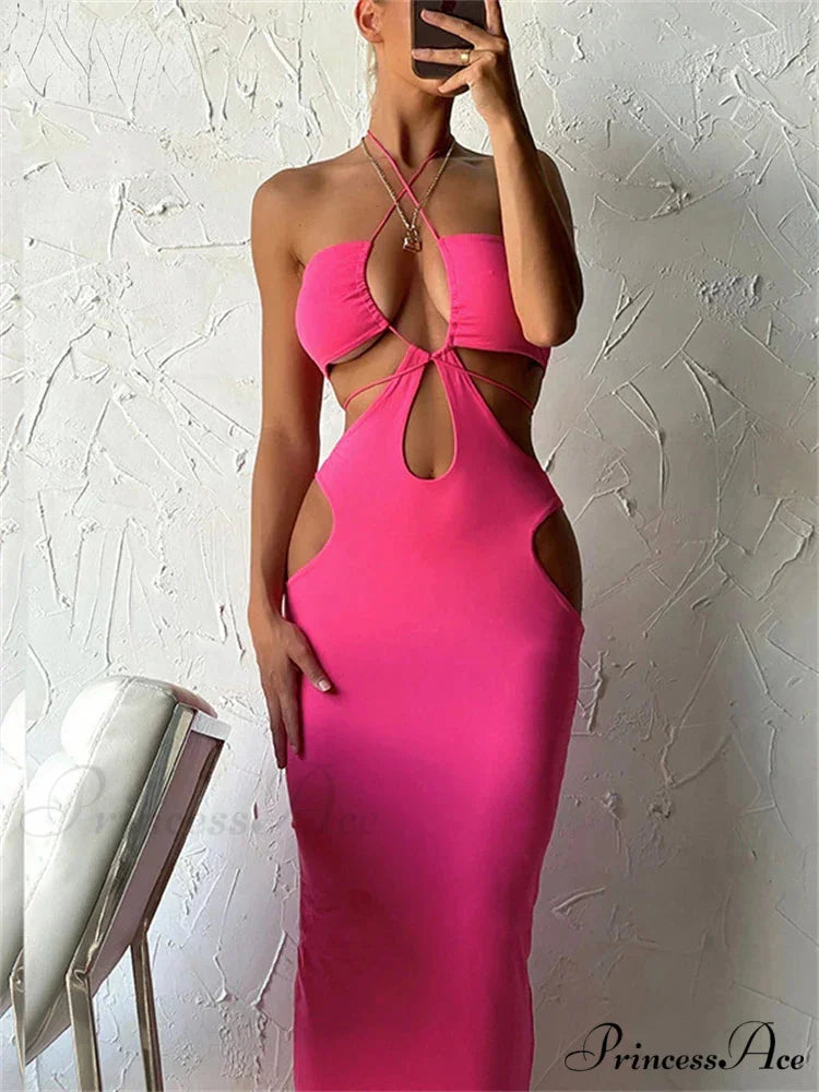 2024 Cut Out Party Evening Sexy Black Women’s 2024 Summer Hollow Out Halter Wrap Long Backless Midi Dress Rose Red / XS