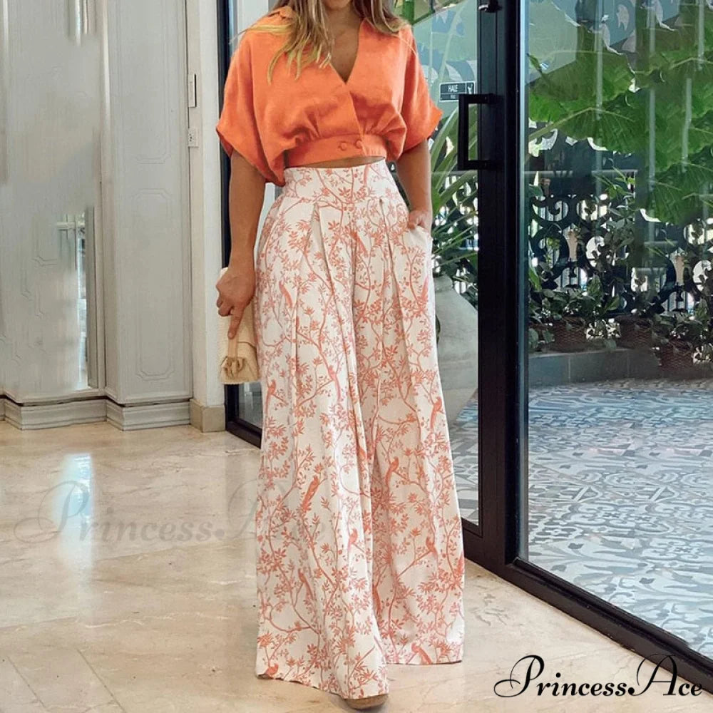 2024 Design Mid Warm-Season Autumn Wide Piece Suit Sets Arm Women’s Flowered Two Blouse Casual Leg Pant 2pcs Set