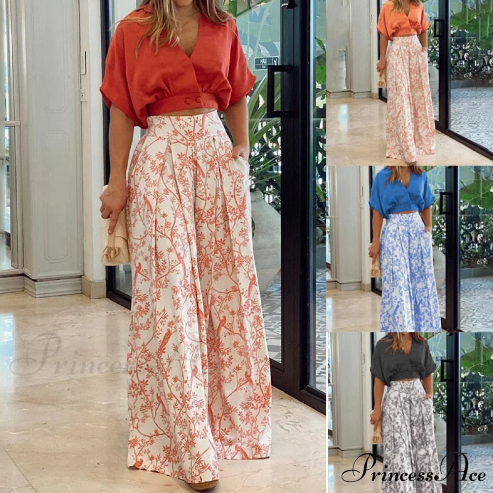 2024 Design Mid Warm-Season Autumn Wide Piece Suit Sets Arm Women’s Flowered Two Blouse Casual Leg Pant 2pcs Set