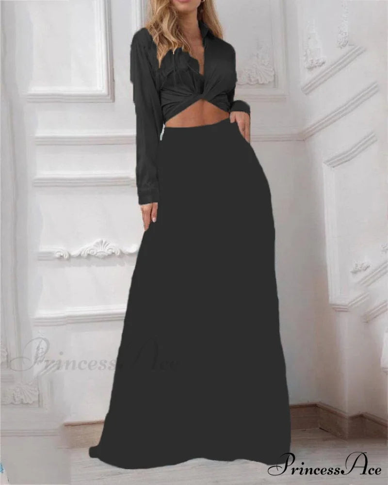 2024 Design Mid Warm-Season Autumn Wide Piece Suit Sets Arm Women’s Flowered Two Blouse Casual Leg Pant 2pcs Set Black