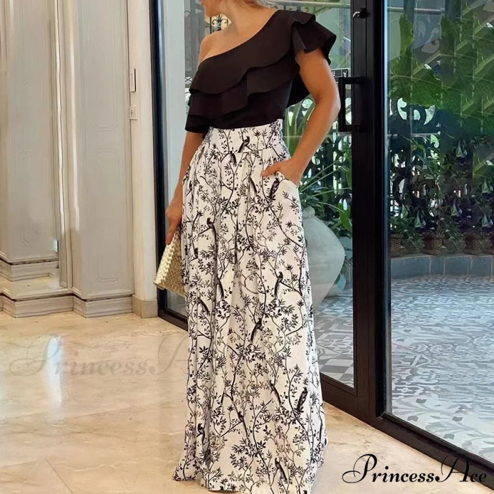 2024 Design Mid Warm-Season Autumn Wide Piece Suit Sets Arm Women’s Flowered Two Blouse Casual Leg Pant 2pcs Set black
