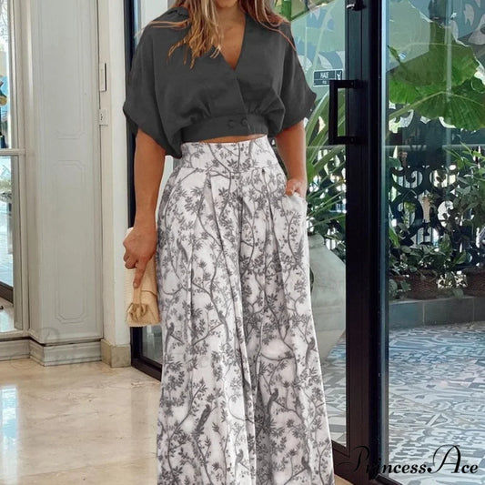 2024 Design Mid Warm-Season Autumn Wide Piece Suit Sets Arm Women’s Flowered Two Blouse Casual Leg Pant 2pcs Set Black