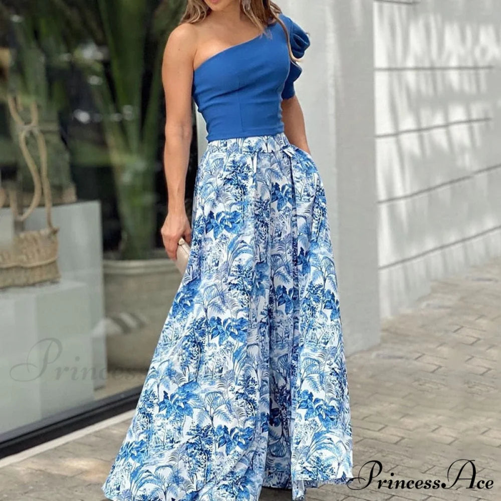 2024 Design Mid Warm-Season Autumn Wide Piece Suit Sets Arm Women’s Flowered Two Blouse Casual Leg Pant 2pcs Set Blue 2