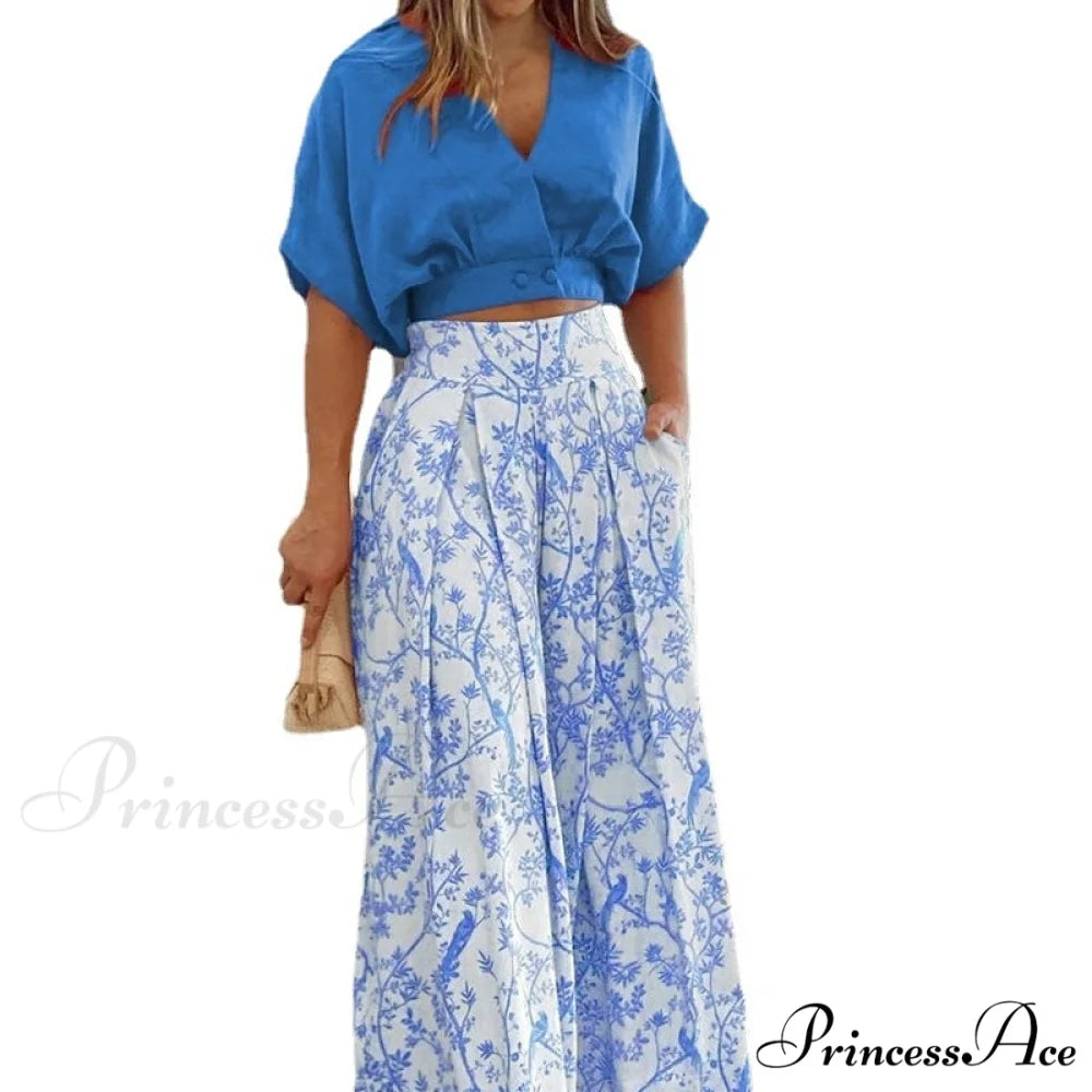2024 Design Mid Warm-Season Autumn Wide Piece Suit Sets Arm Women’s Flowered Two Blouse Casual Leg Pant 2pcs Set Blue