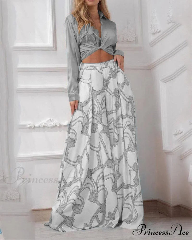 2024 Design Mid Warm-Season Autumn Wide Piece Suit Sets Arm Women’s Flowered Two Blouse Casual Leg Pant 2pcs Set Gray