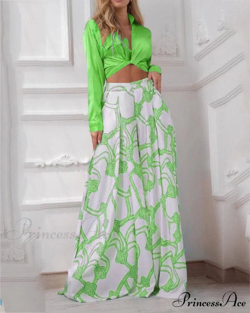 2024 Design Mid Warm-Season Autumn Wide Piece Suit Sets Arm Women’s Flowered Two Blouse Casual Leg Pant 2pcs Set Green