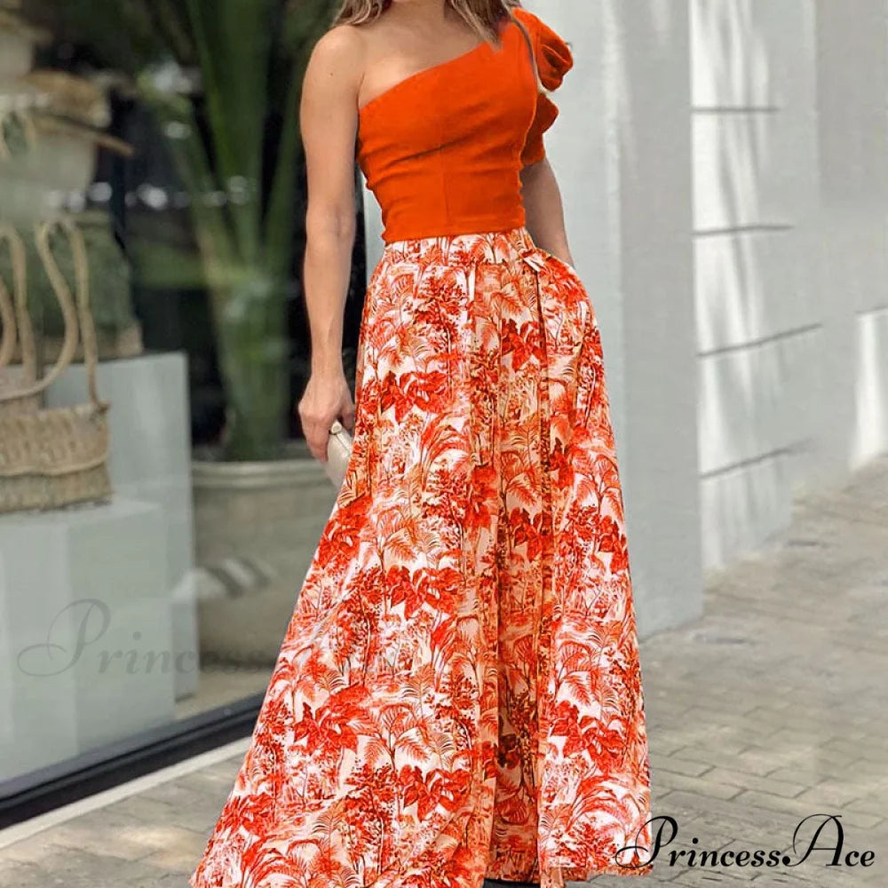 2024 Design Mid Warm-Season Autumn Wide Piece Suit Sets Arm Women’s Flowered Two Blouse Casual Leg Pant 2pcs Set Orange