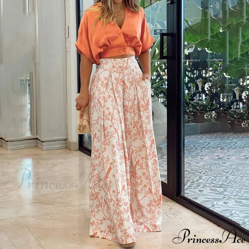 2024 Design Mid Warm-Season Autumn Wide Piece Suit Sets Arm Women’s Flowered Two Blouse Casual Leg Pant 2pcs Set Orange