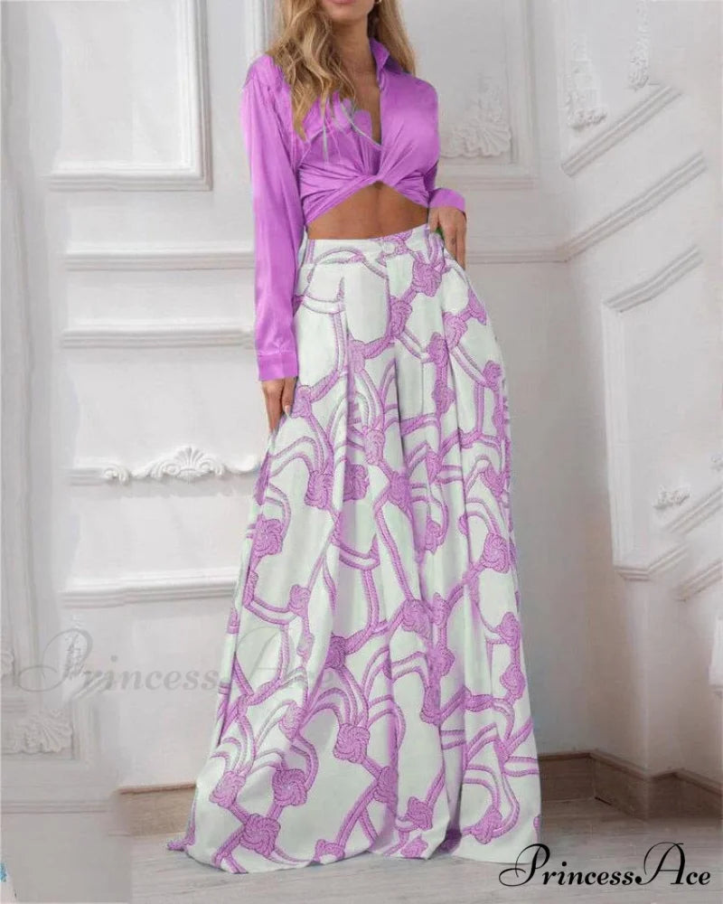 2024 Design Mid Warm-Season Autumn Wide Piece Suit Sets Arm Women’s Flowered Two Blouse Casual Leg Pant 2pcs Set purple