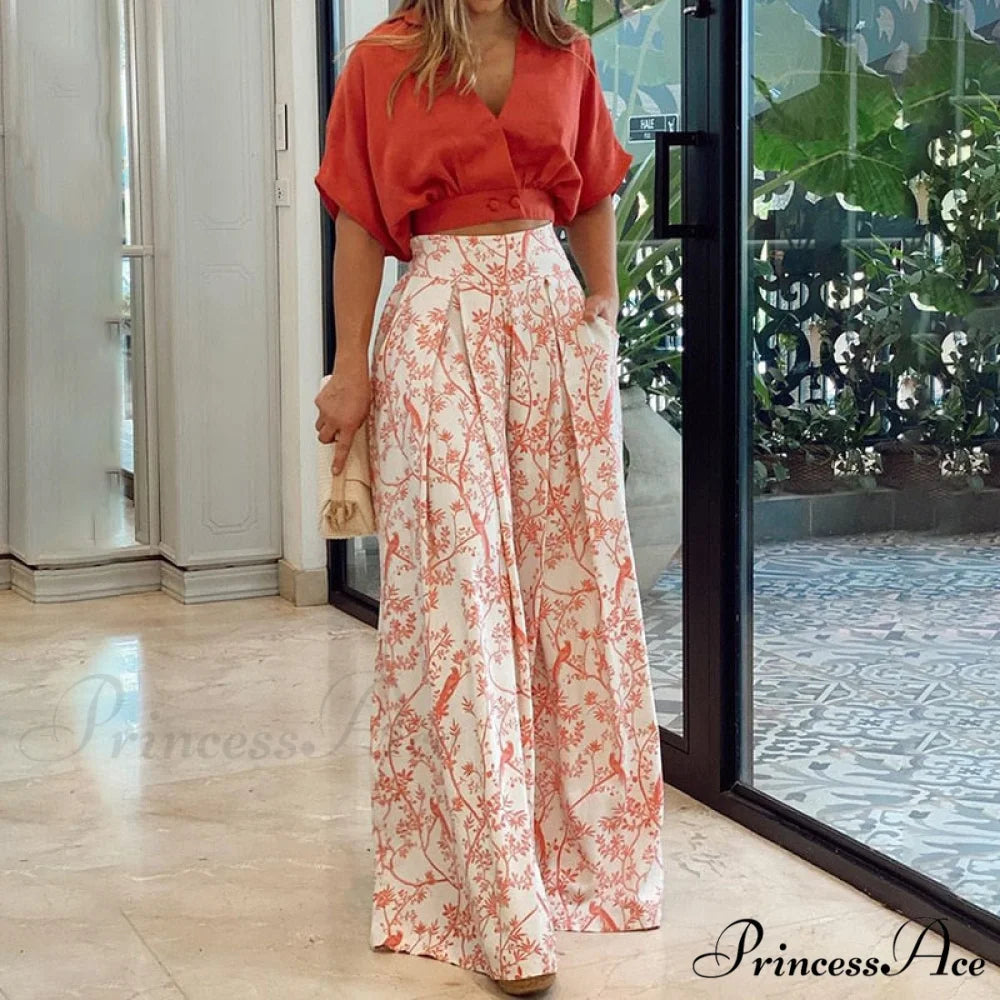 2024 Design Mid Warm-Season Autumn Wide Piece Suit Sets Arm Women’s Flowered Two Blouse Casual Leg Pant 2pcs Set Red / S