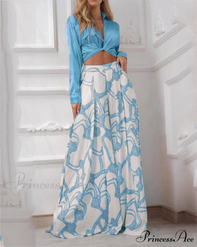 2024 Design Mid Warm-Season Autumn Wide Piece Suit Sets Arm Women’s Flowered Two Blouse Casual Leg Pant 2pcs Set Royal