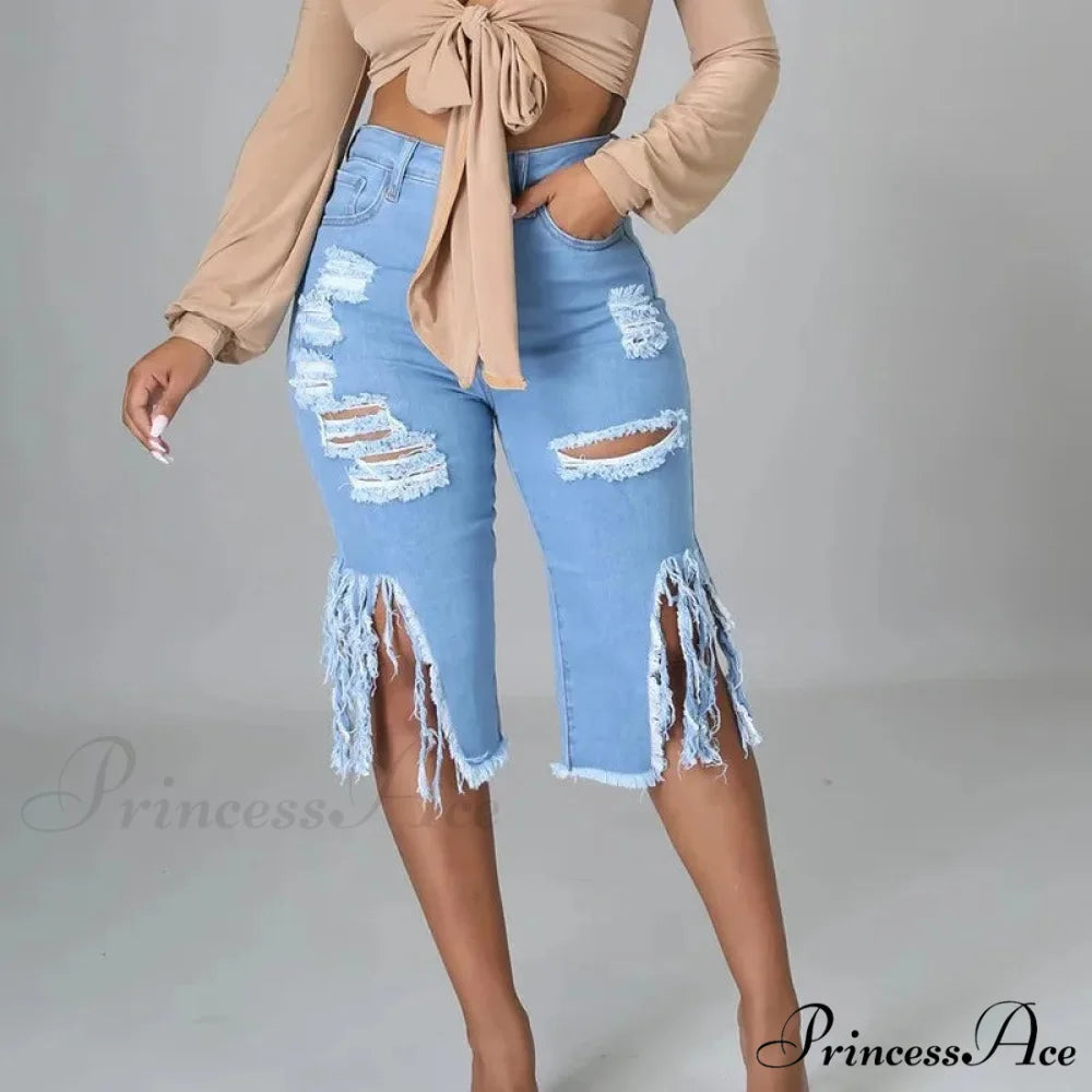 2024 Elastic Tassle Flare Knee Length Denim Pants Women Sexy Fashion High Waist Hole Ripped High Street Trousers Jean