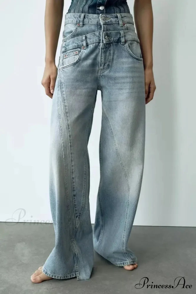 2024 Female Fashion Patchwork Denim Pant High Waist Vintage Women Casual Street Slim Wide Leg Long Jean