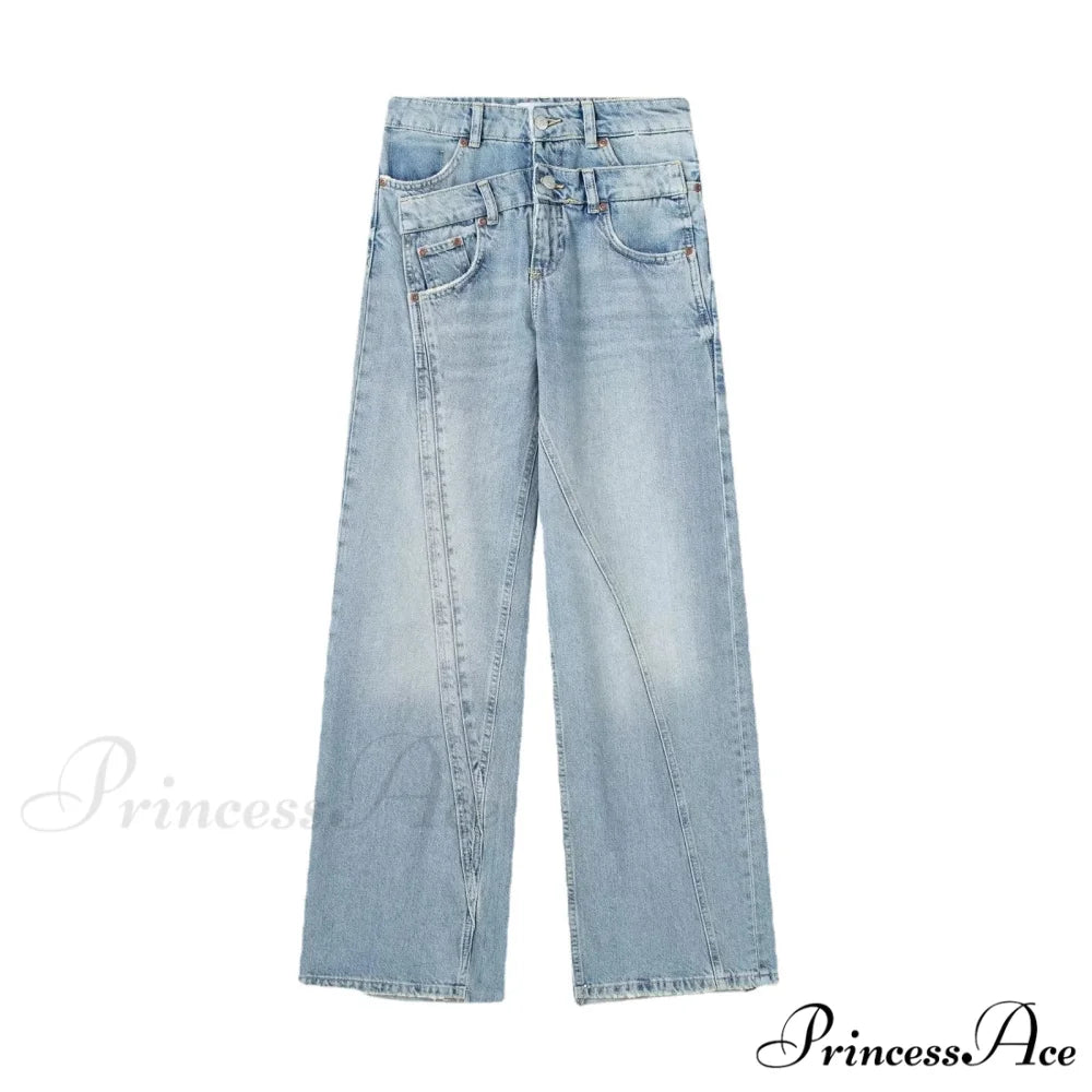 2024 Female Fashion Patchwork Denim Pant High Waist Vintage Women Casual Street Slim Wide Leg Long Jean Denim Blue / XS