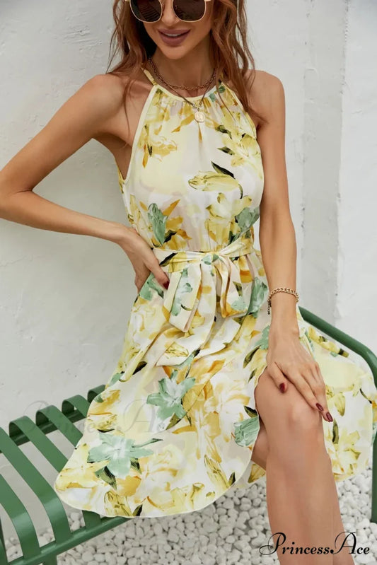 2024 Female Spring Summer Holiday Style Temperament Crew-neck Printed Cross Beach Floral Dress