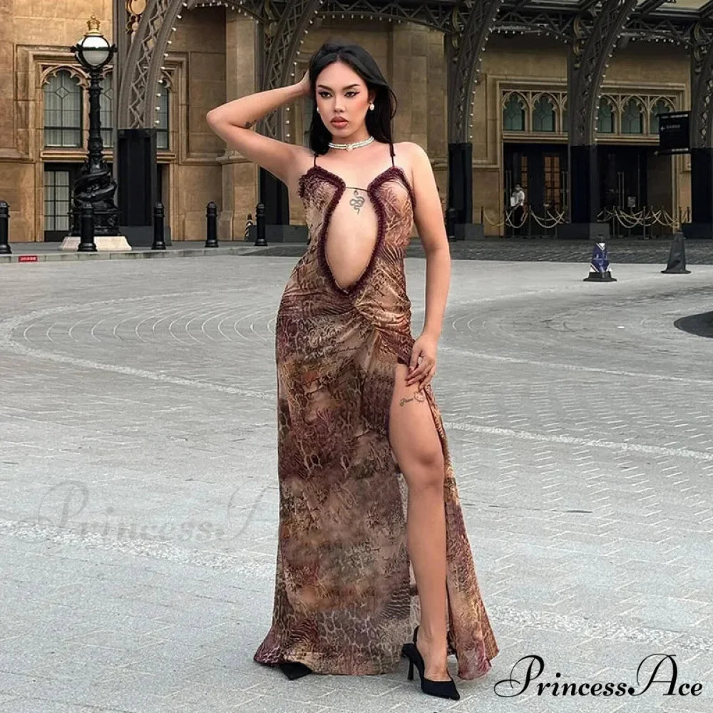 2024 Halter Neck Printed Maxi Mesh Hollow Out Sleeveless High Waist Split Elegant Y2k Par Cut Out Dress