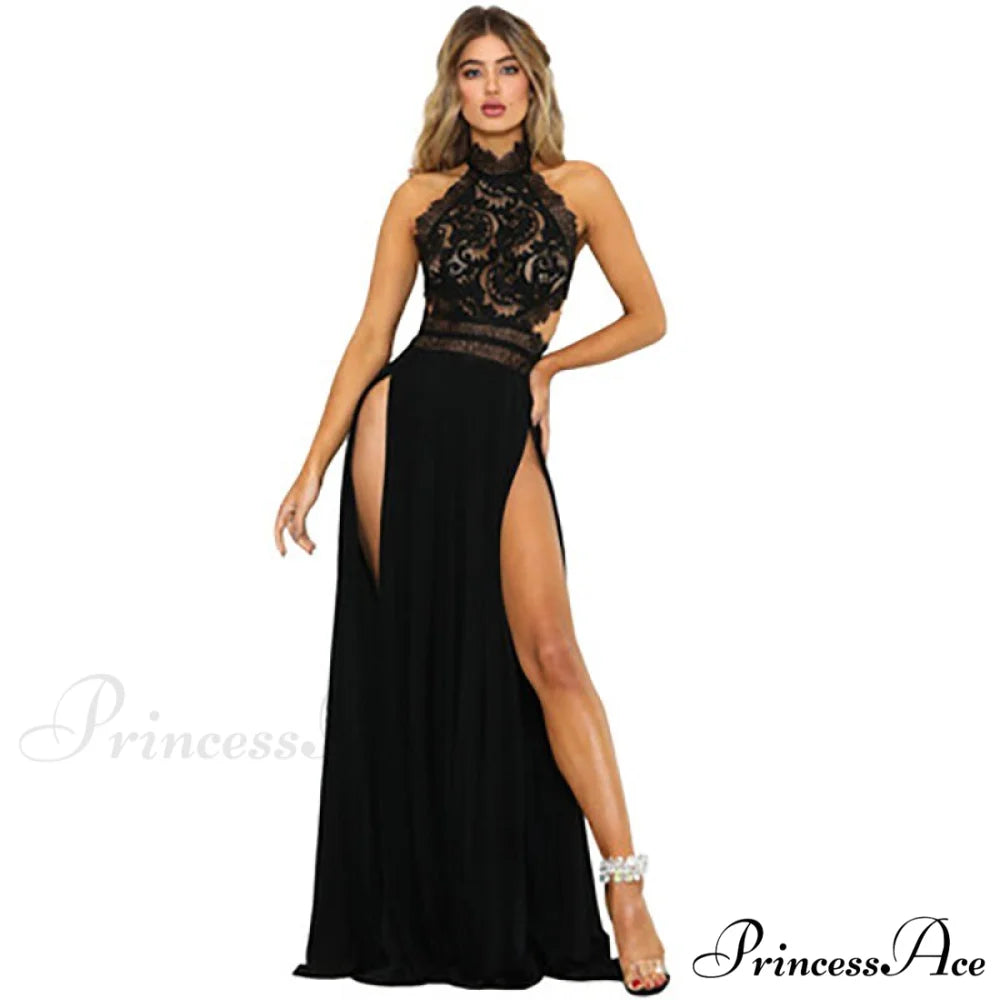 2024 lady’s Sexy See-Through lace Nude Back High Slit Dress