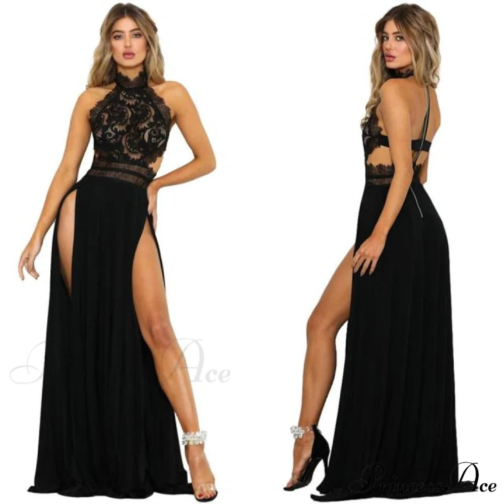 2024 lady’s Sexy See-Through lace Nude Back High Slit Dress Black 1pcs / S