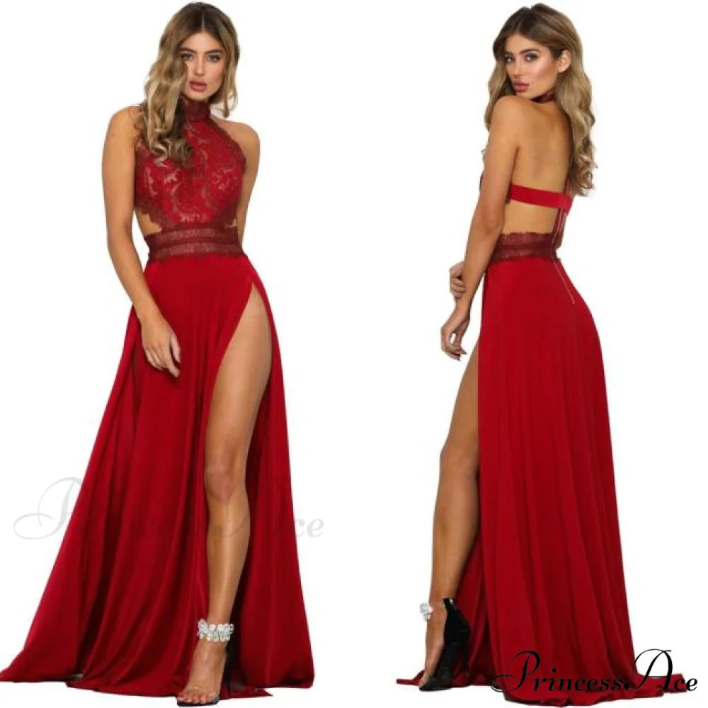 2024 lady’s Sexy See-Through lace Nude Back High Slit Dress Red 1Pcs / S