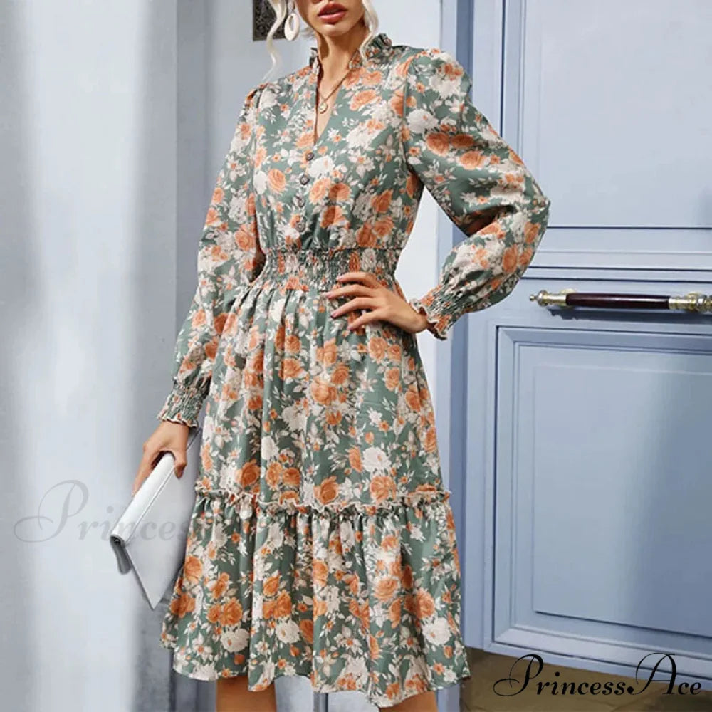2024 Long Sleeve Printed A-Link Skirt Vestido De Cuello V Cerrado Summer Women Clothing Floral Dress Light Green / S