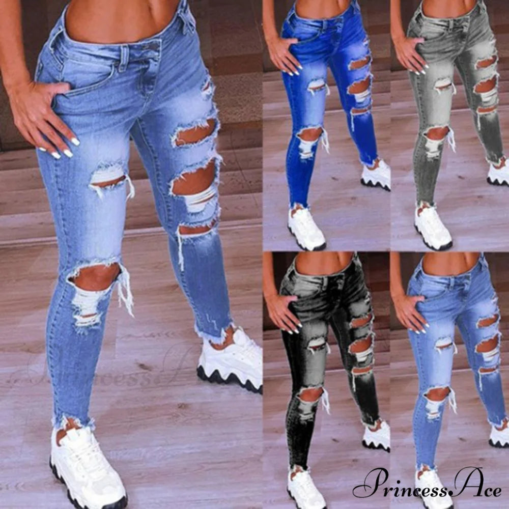 2024 Low Waist Hip Lift Ripped Holes Skinny Pants