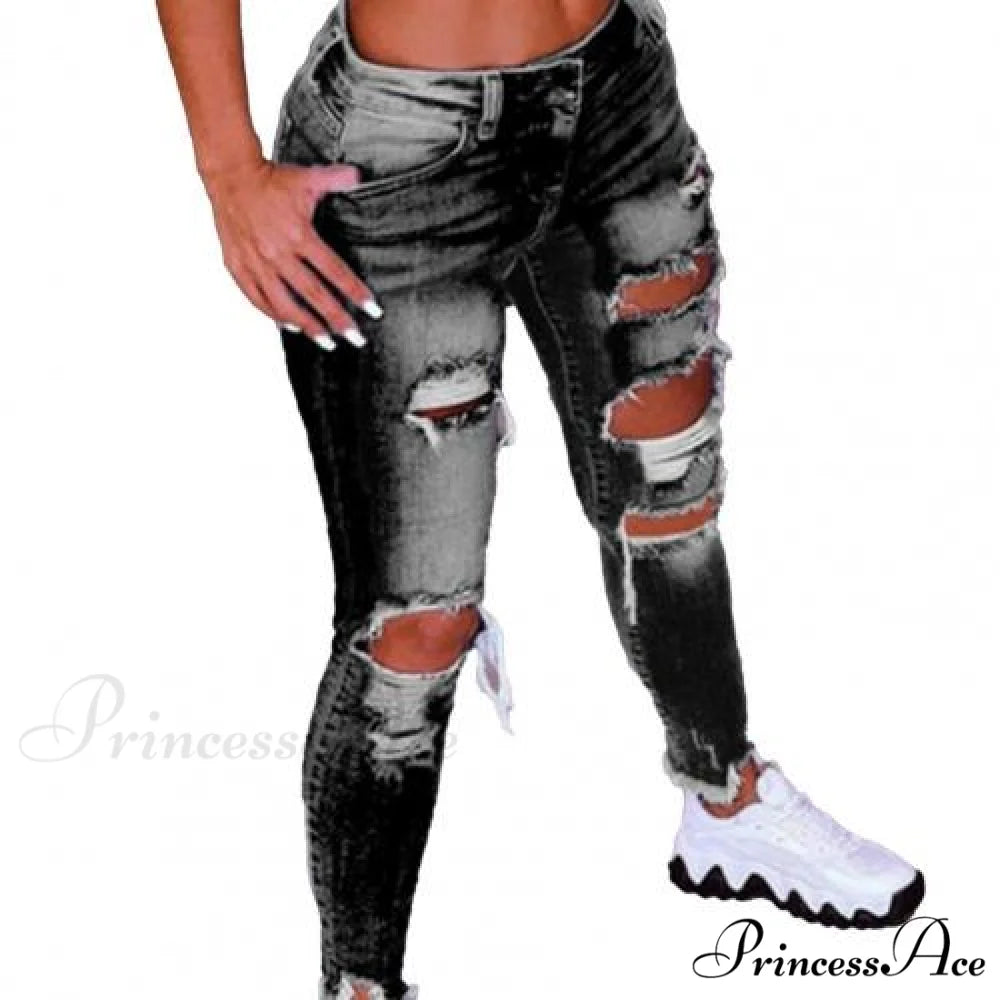 2024 Low Waist Hip Lift Ripped Holes Skinny Pants Black / S