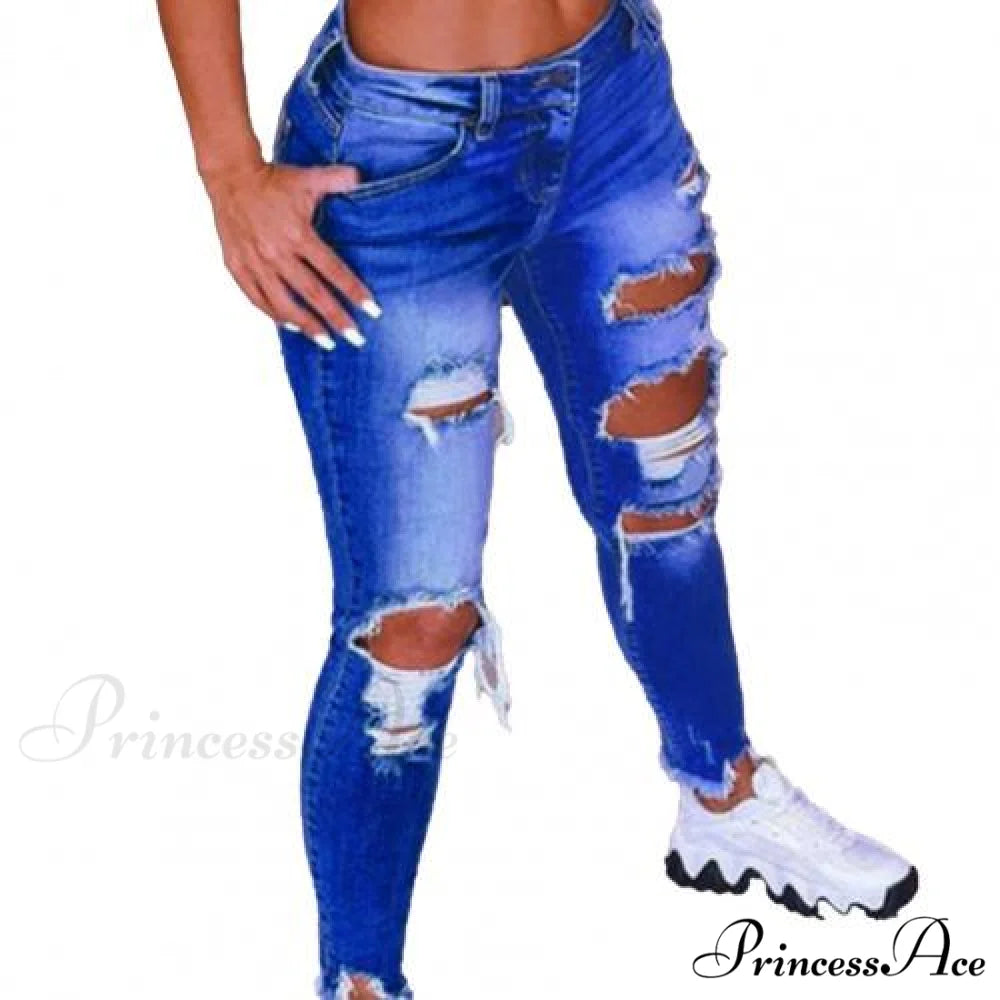 2024 Low Waist Hip Lift Ripped Holes Skinny Pants Dark Blue / S