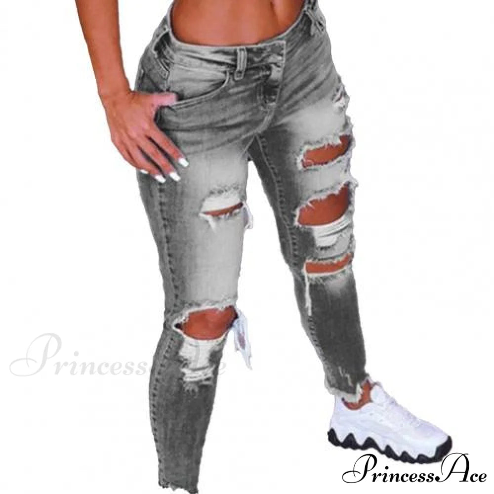 2024 Low Waist Hip Lift Ripped Holes Skinny Pants Grey / S