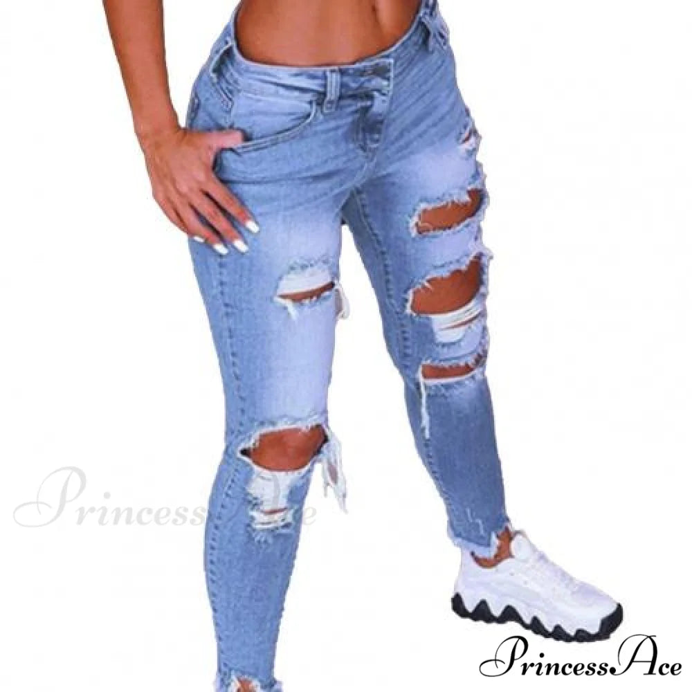 2024 Low Waist Hip Lift Ripped Holes Skinny Pants Light Blue / S