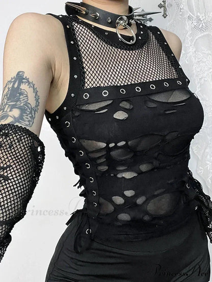 2024 Mall Gothic Sexy Hole See Through Lace-up Streetwear Cyber Punk Rave Fashion Crop Top Just Tops / S